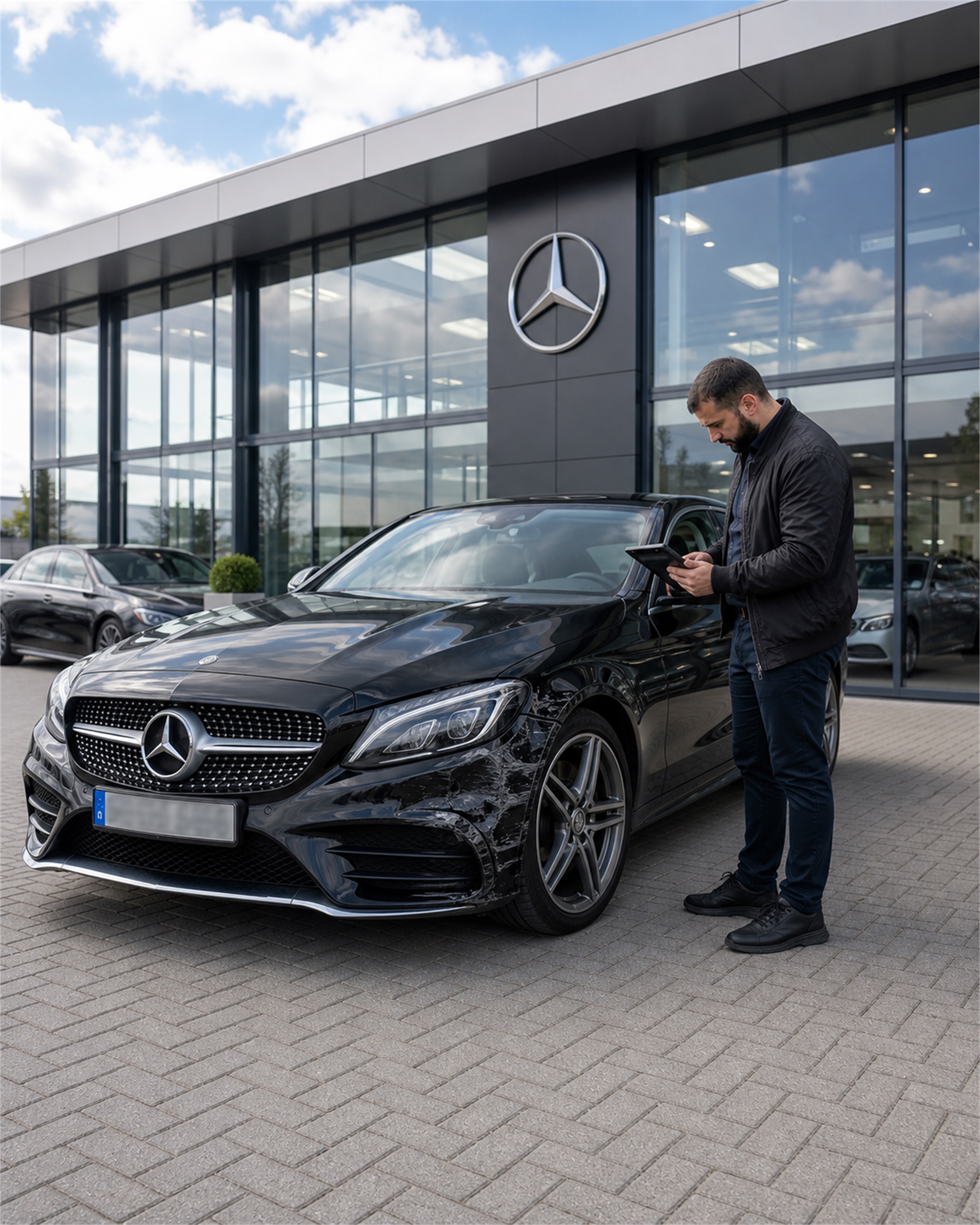 Professionelle Schadenaufnahme an einem Mercedes vor einem Autohaus